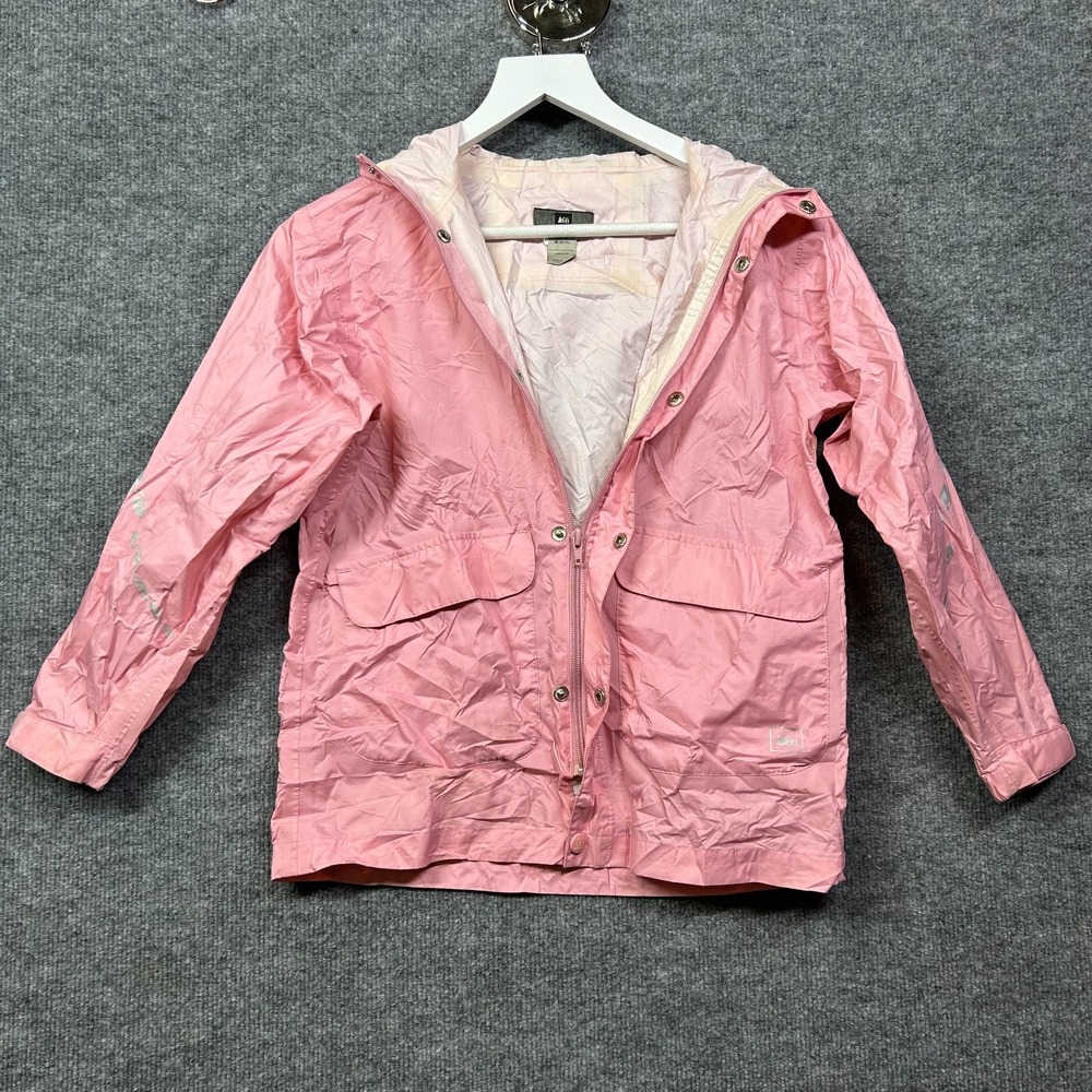 REI Hooded Rain Jacket Kids Pink Nylon Full Zip Lightweight Outdoor - M (8/10)